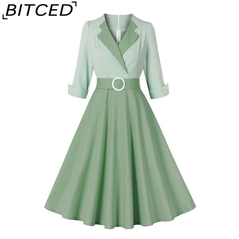 

BITCED Fitted Waist Three-Quarter Sleeve Vintage Elegant Full-Skirted Women s Dress XXL зелений