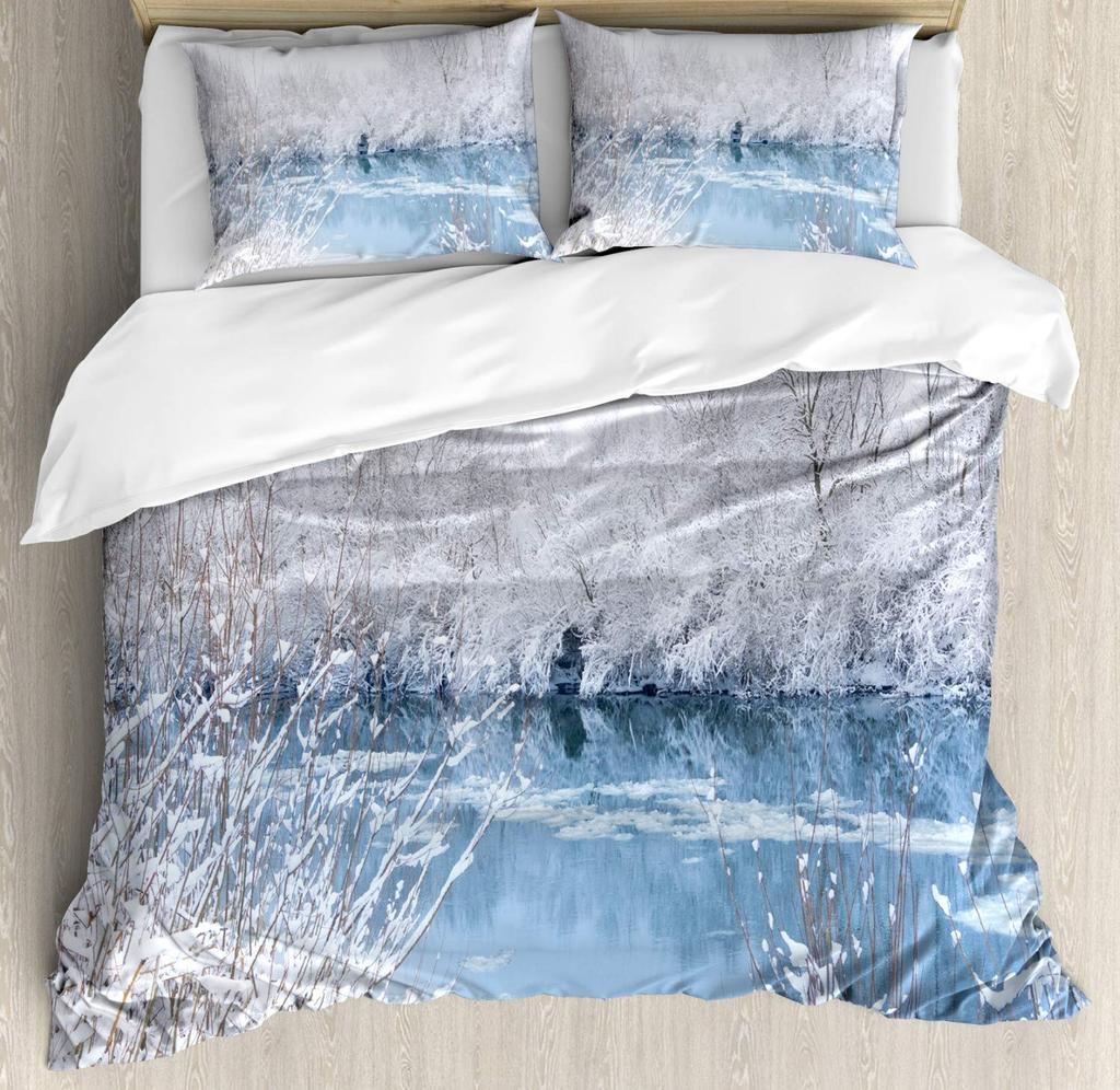 Frozen Lake Duvet Cover Sets for Teens Queen Lightweight Quilt Cover with 2 Pillowcase Winter Themed Bedding Sets No Comforter