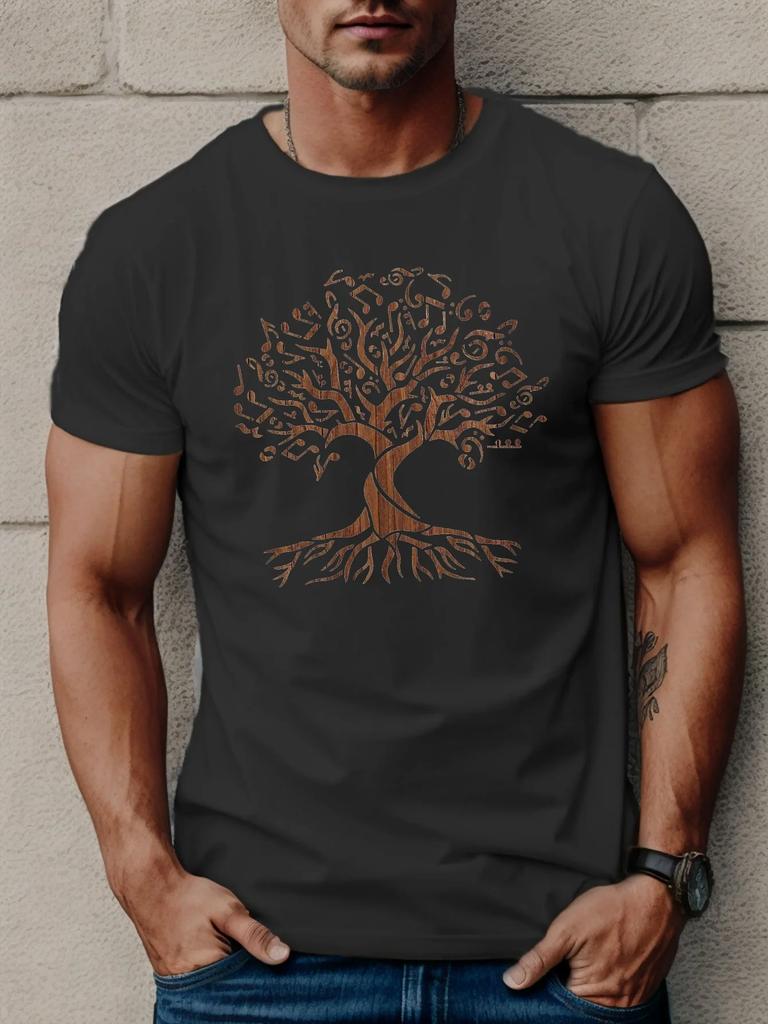 Men's Summer 100% Pure Cotton Fashionable Casual Loose Sports Tree Lifestyle Pattern Printed Round Neck Short Sleeved T-shirt