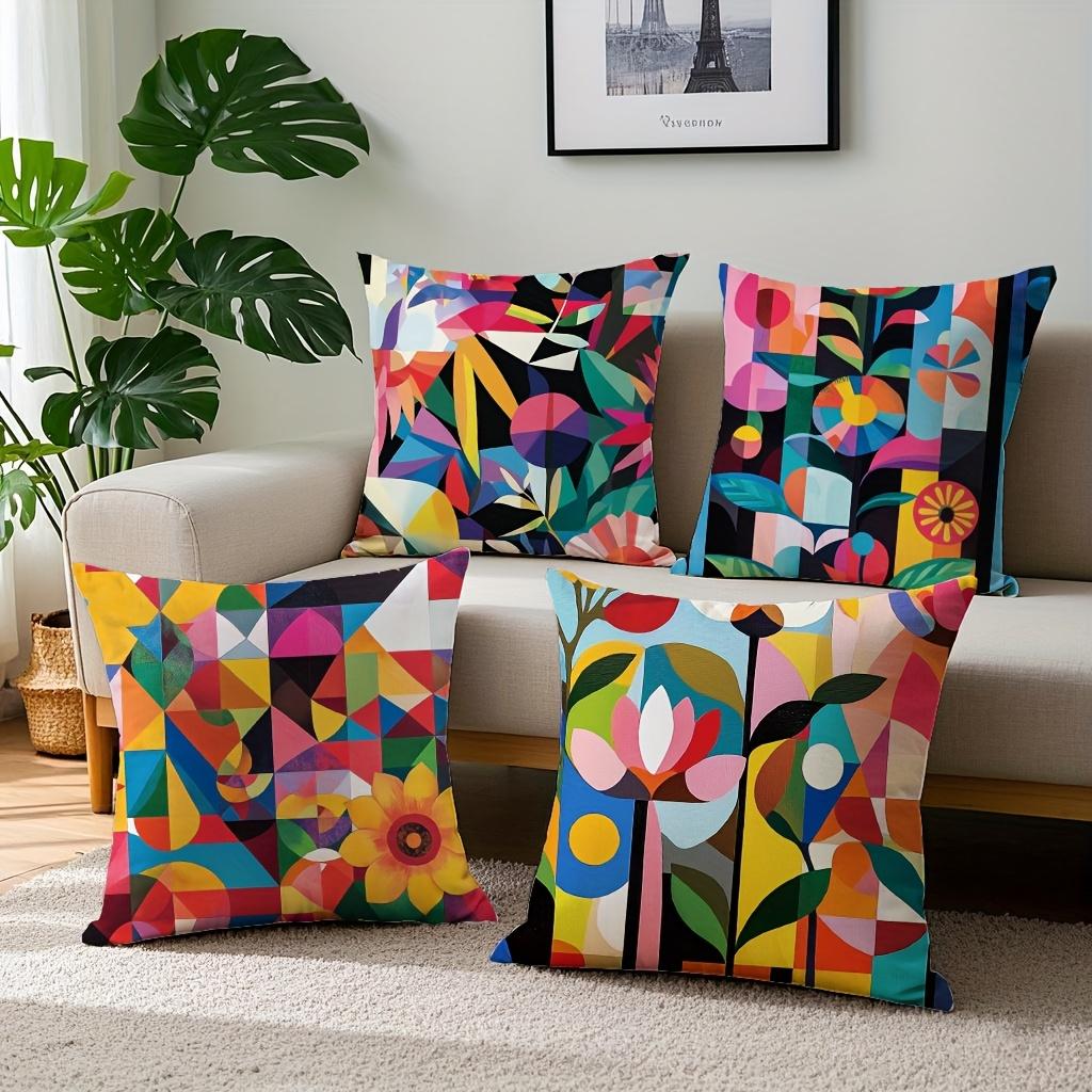 4pcs Linen Pillow Covers 45x45cm Abstract Geometric Floral Cushion Cases for Sofa Bed Decor Zipper Closure Modern Art Home