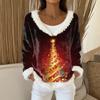 Women's Fashion Plush V Neck Pullover Top Long Sleeve Tee Christmas Printed Sweatshirt