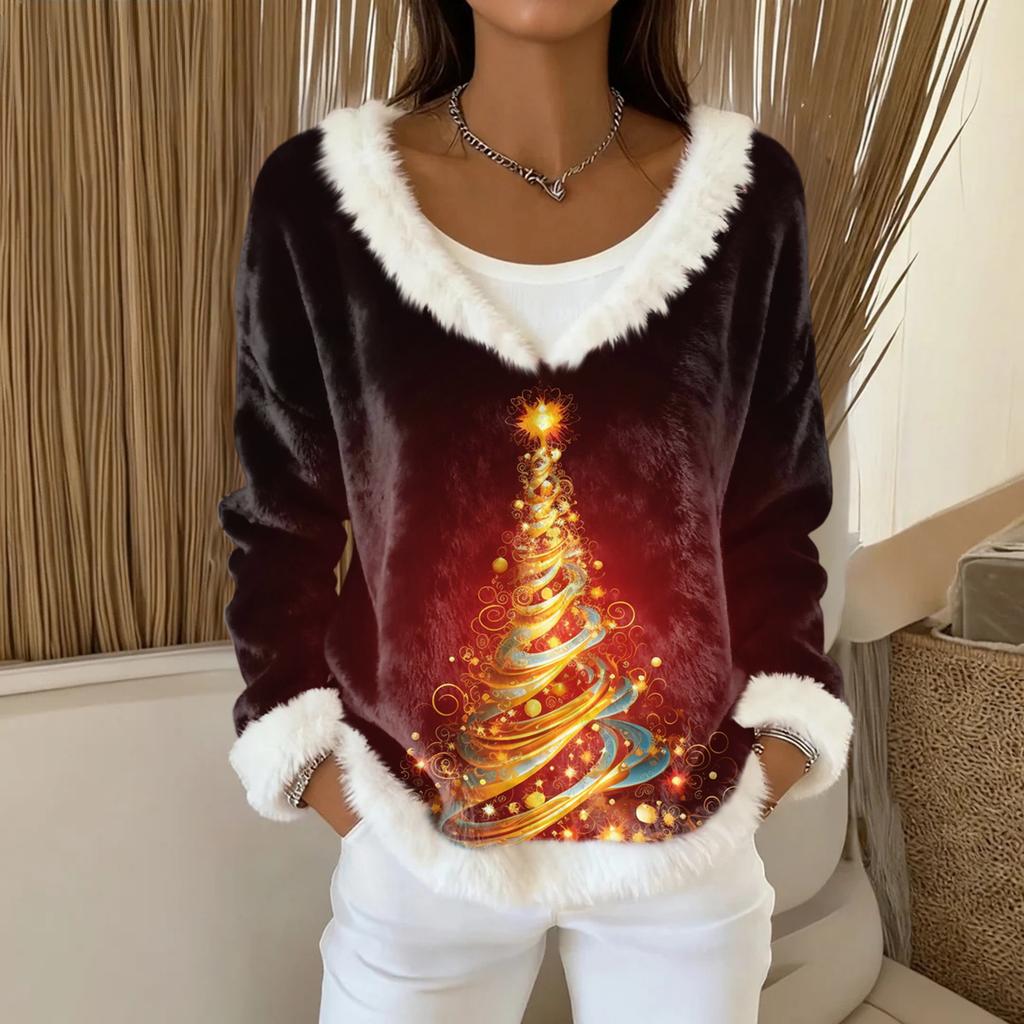 Women's Fashion Plush V Neck Pullover Top Long Sleeve Tee Christmas Printed Sweatshirt