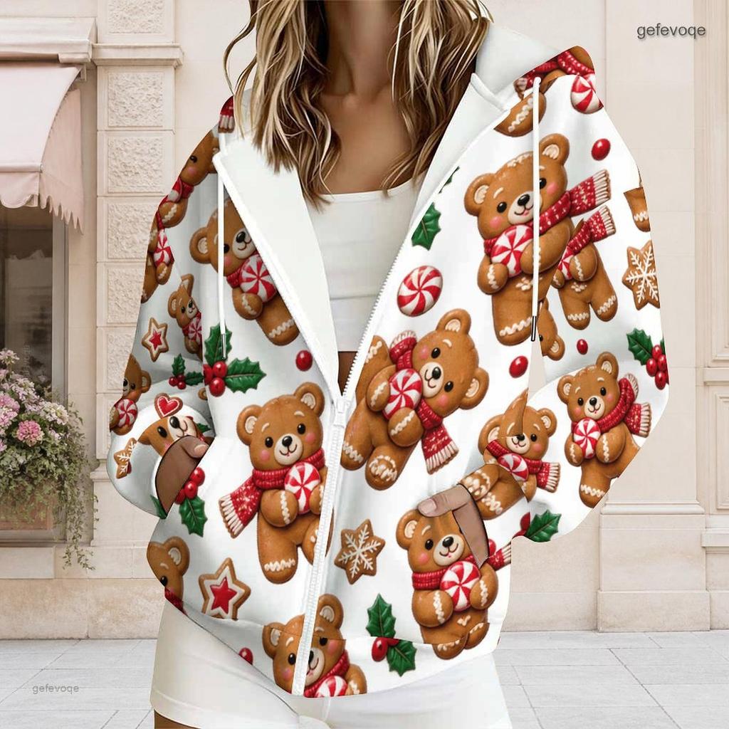 Women Plus Size Zip Up Hoodie Long Sleeve Drawstring Hood Pockets Christmas Hedgehog Print White