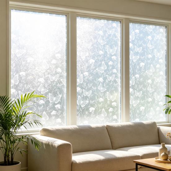 Window Privacy Film Static Window Clings Decorative Plants Butterflies Non-Adhesive Sticker Sun Blocking