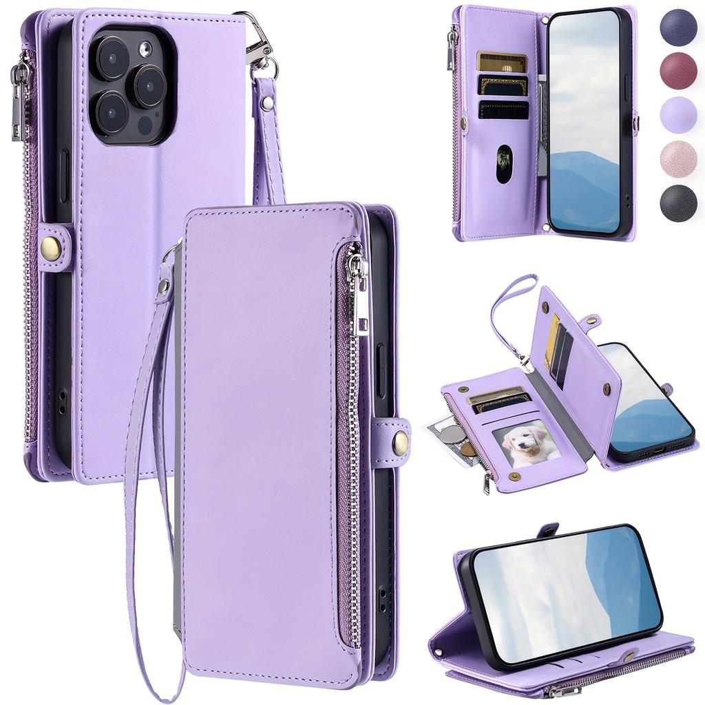 Wallet Leather Flip Case for iPhone 16E 16 Pro Max 15 14 Plus 13 12 11 Wrist Strap Zipper Handbag Card Slot Stand Book Cover