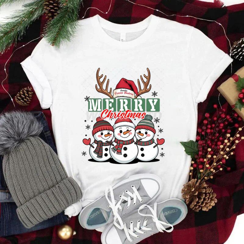 Feliz Natal Fofo SnowUnisex Camisetas Gráficas Mulheres Festa de Natal Camiseta Combinando Camiseta Festiva de Feriado Ano Novo FeVestuário Unissex