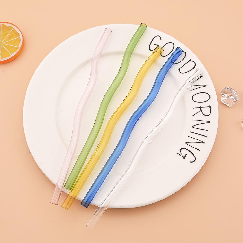 6Pcs 200*8mm Glass Straws Wavy Pink Drinking Straw Set with Brush High Borosilicate Glass Straw Kitchen Party Bar Drinkware