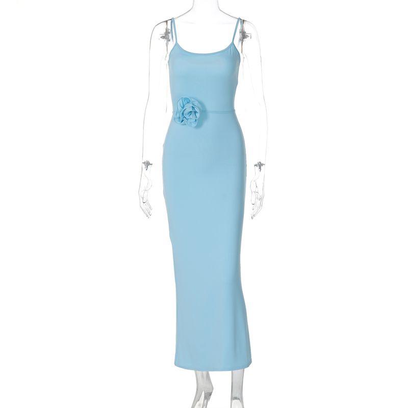 

Fashion Ins Style Tag Decorative Flower over the Knee Dress Blue S