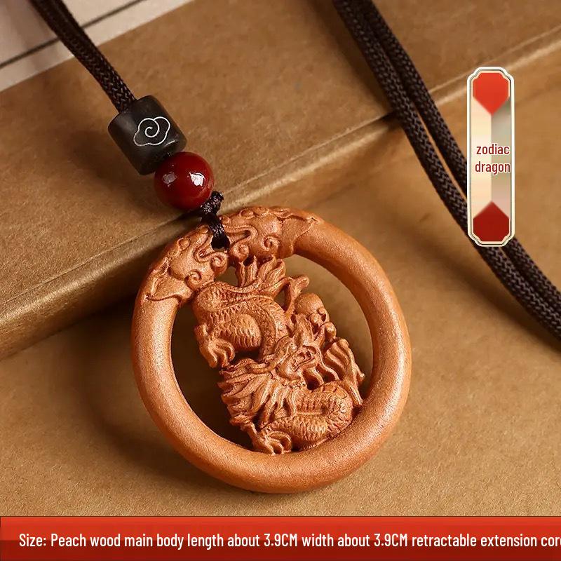 Peach Wood Zodiac Keychains: Year of the Dragon Pendant with Rat, Ox, Tiger Carvings - Carry-on Ornament Gift