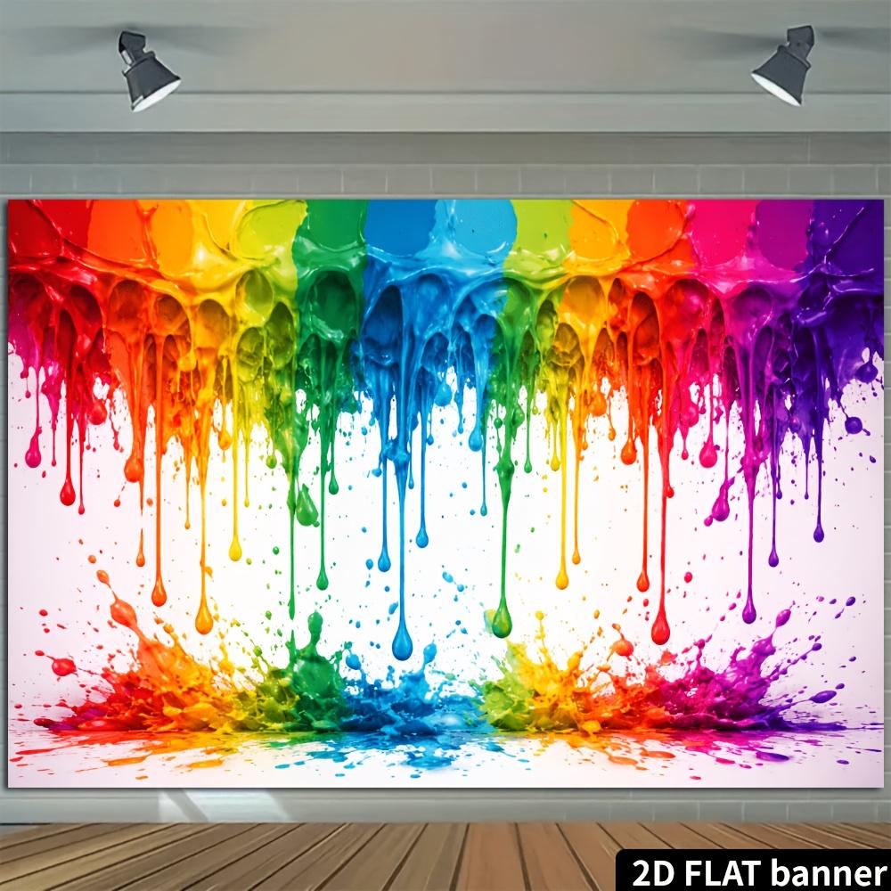 2D Plane Background Cloth Featuring the Theme of Rainbow Pigment Droplets and Splashes with a Dazzling Fluid Artistic Texture