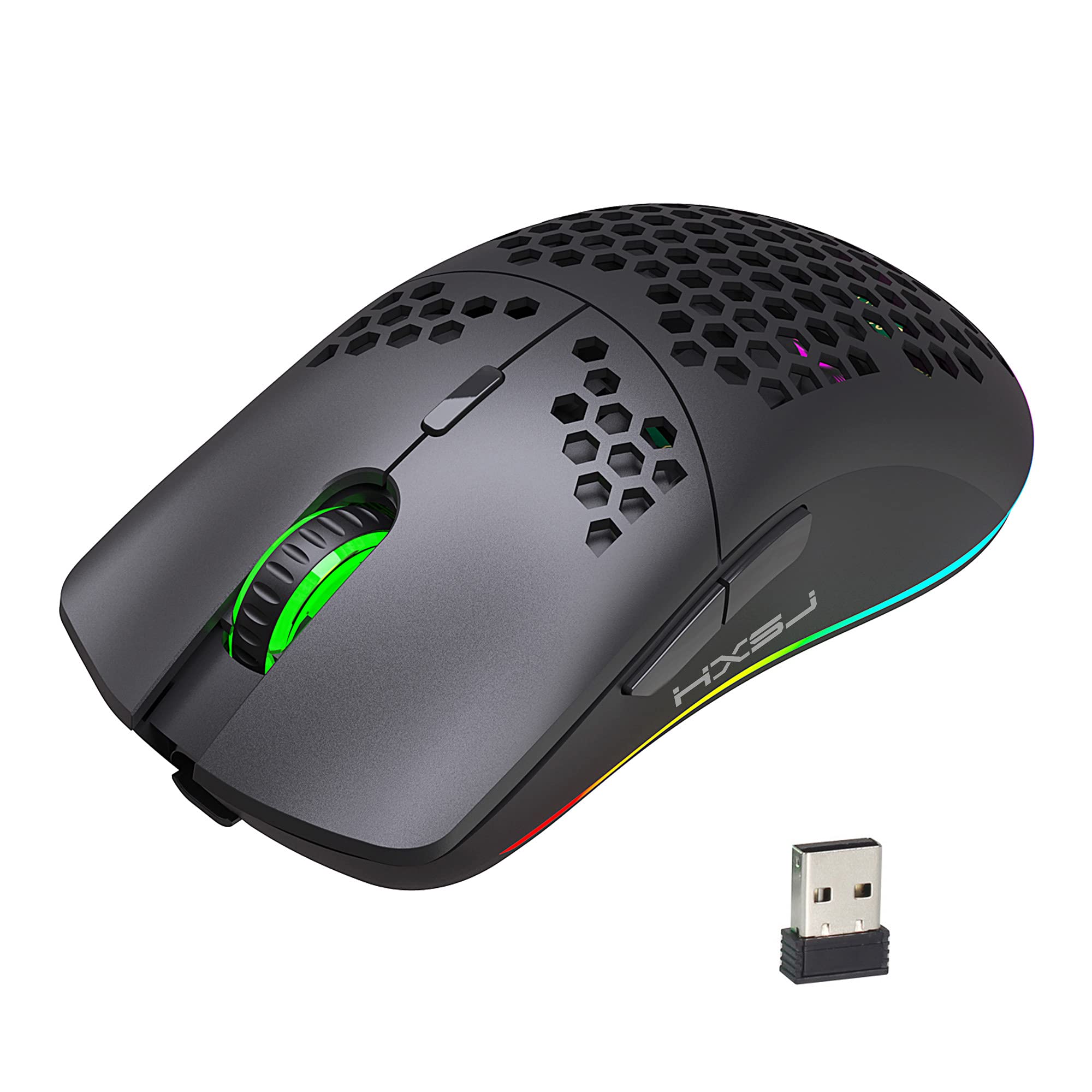 

Wireless Gaming Mouse, Lightweight, Honeycomb Design, Optical RGB Backlight, 6 Buttons, 4-Level DPI Adjustment, Rechargeable 750mAh 2.4GHz Battery,