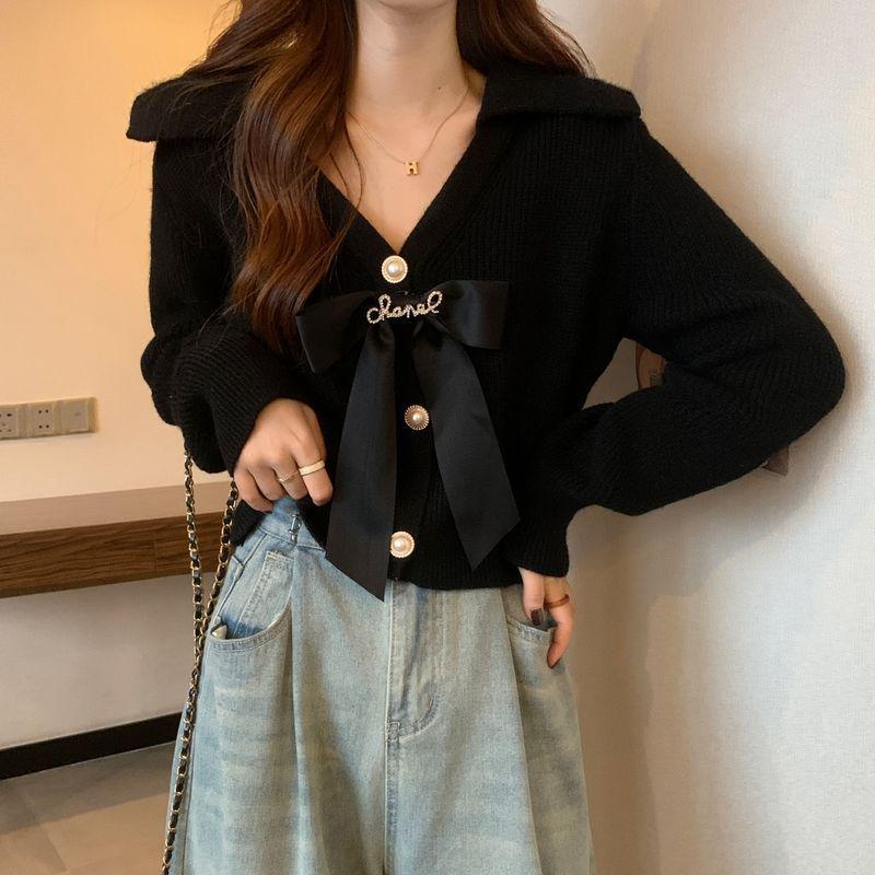 Women's French Doll Collar Knit Sweater with Bow - Fall/Winter 2024 Collection