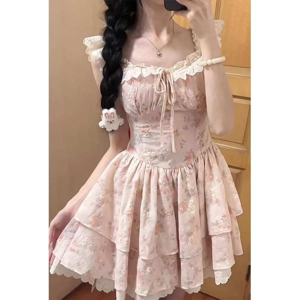 (Original Jacquard) Floral Dress Women's Summer New Small Flying Sleeves Fairy Princess Dress Waist Puffy Short Skirt