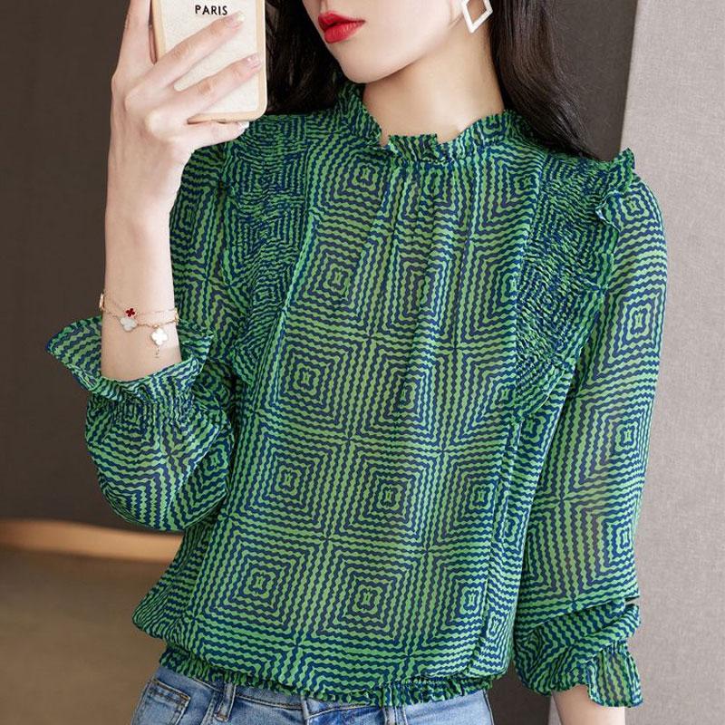 Commute Geometric Printed Shirt Elegant Folds Female Clothing Stylish Ruffles Spliced Shirring Spring Autumn Long Sleeve Blouse