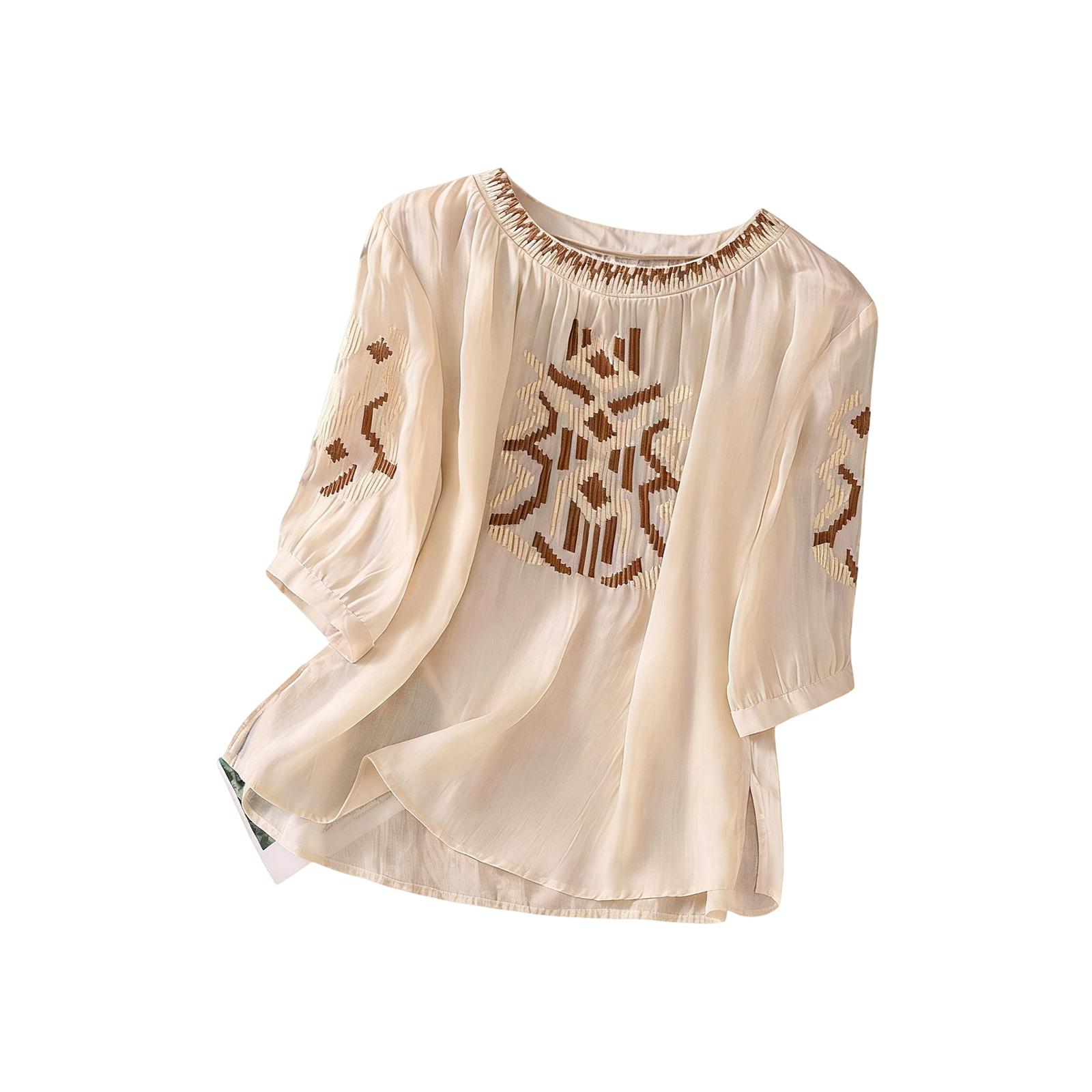 Women s Embroidered Cotton Linen Loose Round Neck Three-Quarter Sleeve Shirt L