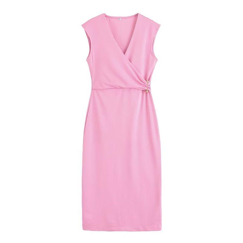 Kaslead New Women Clothes Western Style Fashion Pin Decoration V-neck Sleeveless Dress 3644181