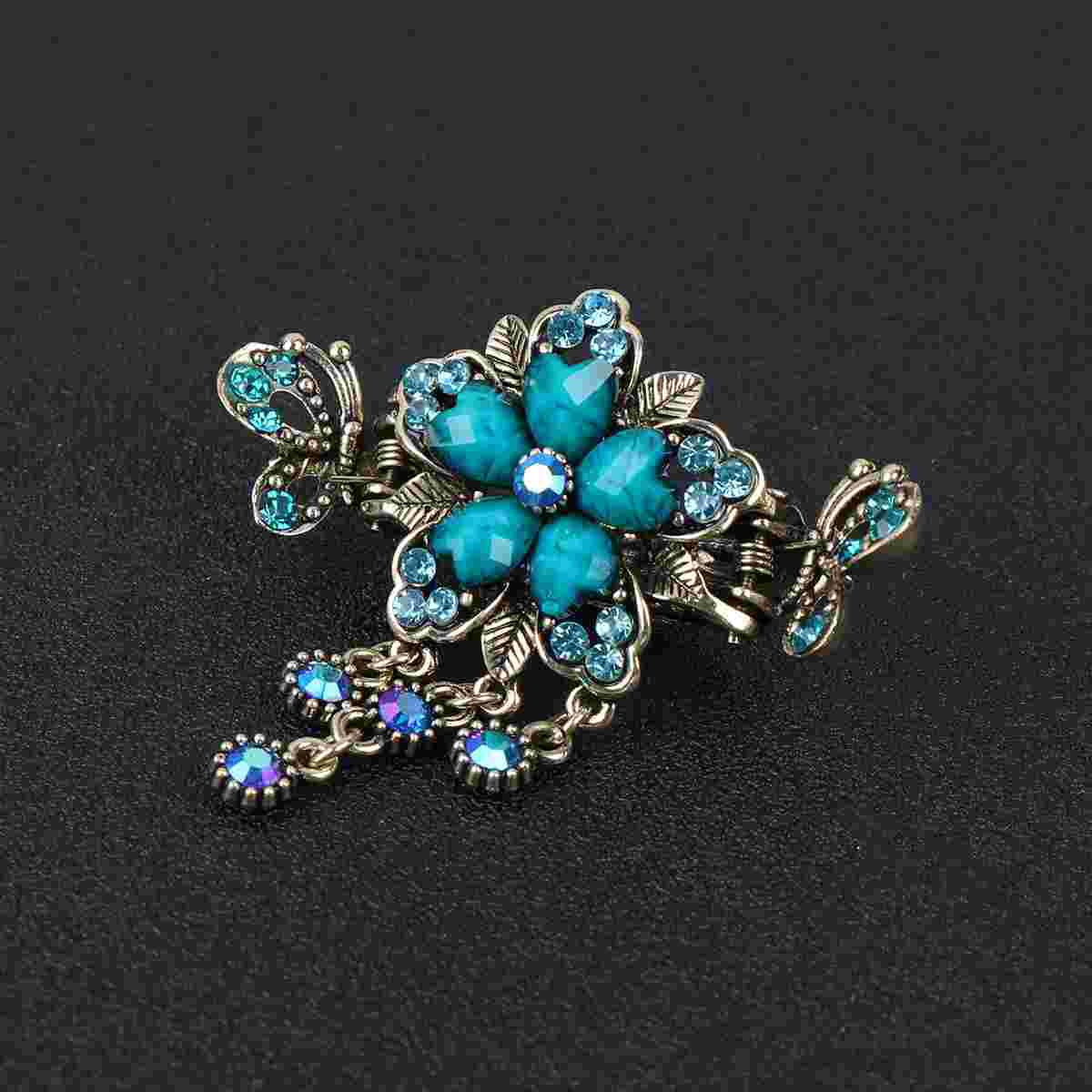 Durable Vintage Jaw Clips Elegant Retro Ponytail Holders Rhinestone Flower Hair Pins Girls Accessories Gift For Retro синий