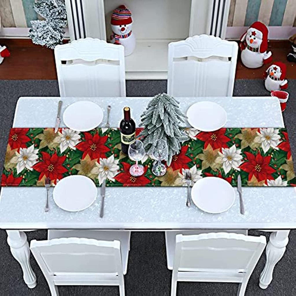 Weihnachts-Poinsettia Tischläufer Leinen Künstliche Küchen-Esszimmer-Dekoration Für Innen- und Außenbereich Zuhause Hochzeitsparty