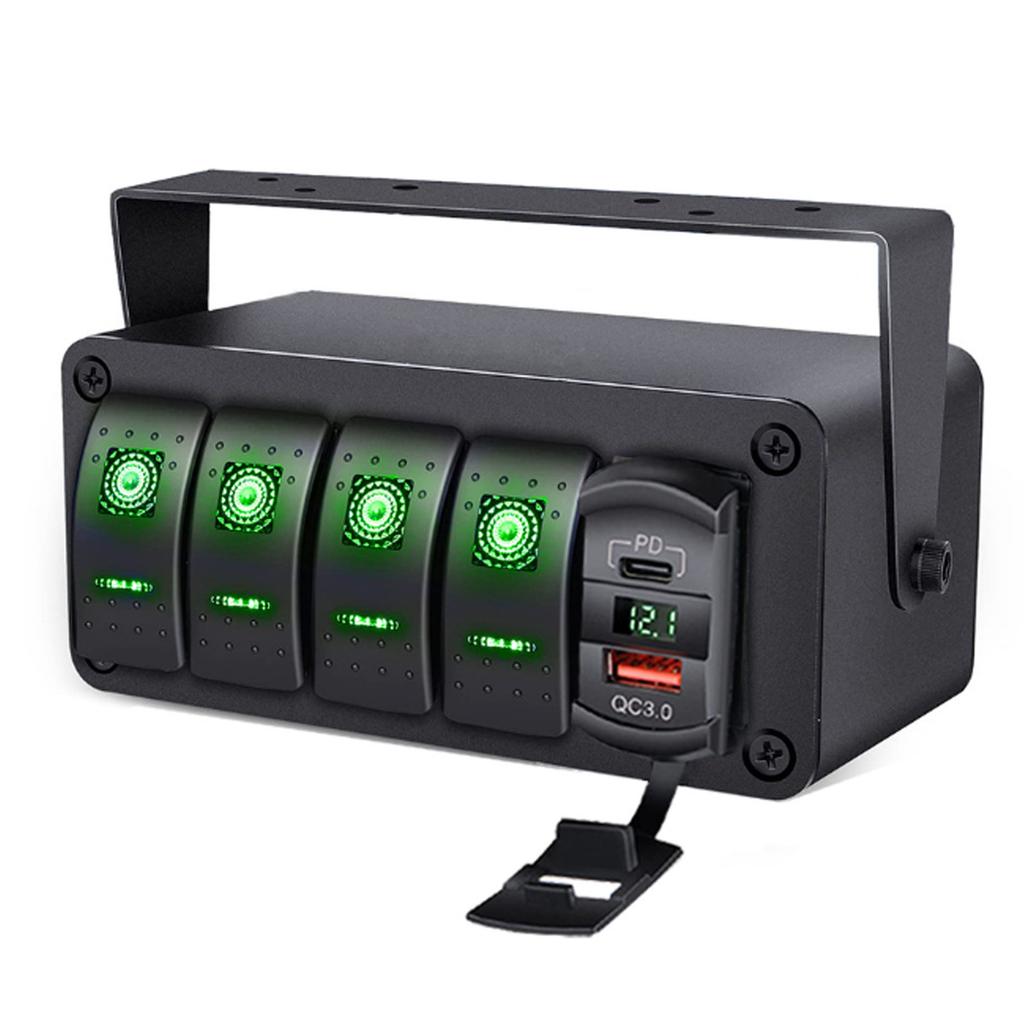 4 Gang Rocker Switch Panel with PD Type C QC3.0 USB Charger Waterproof Universal Fit for Car Truck Boat RV UTV ATV