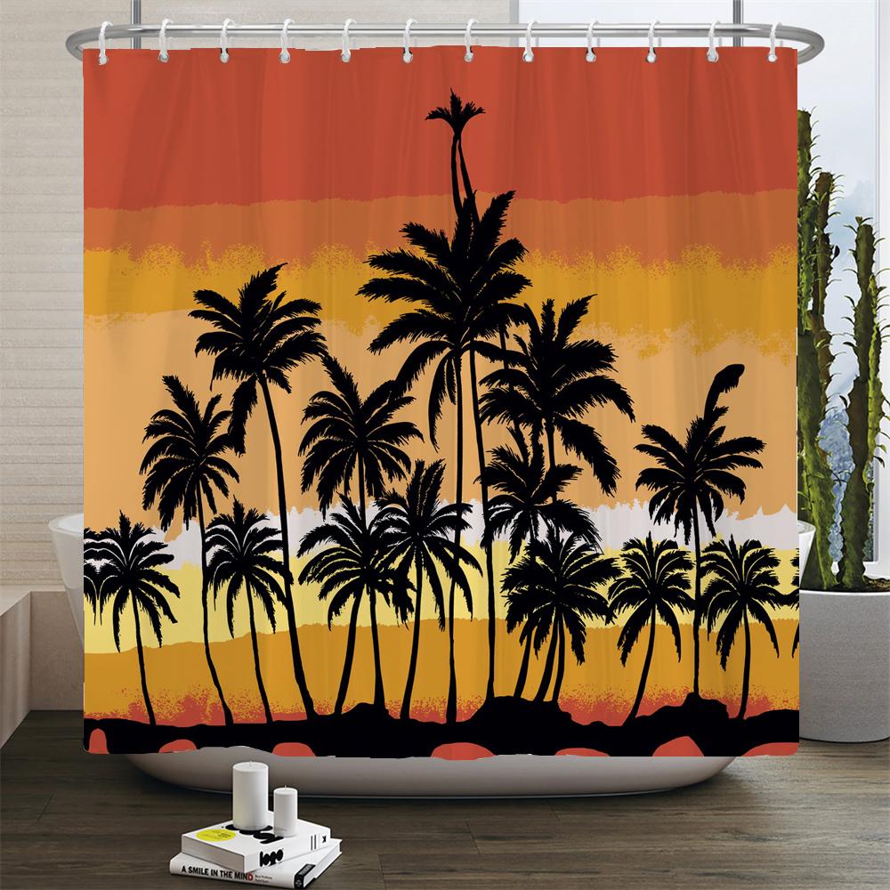 Strand Sonnenuntergang Palmen Landschaft 3D-Druck Duschvorhang Polyester Wasserdicht Heimdeko Vorhang Mit Haken Große Größe 300x180
