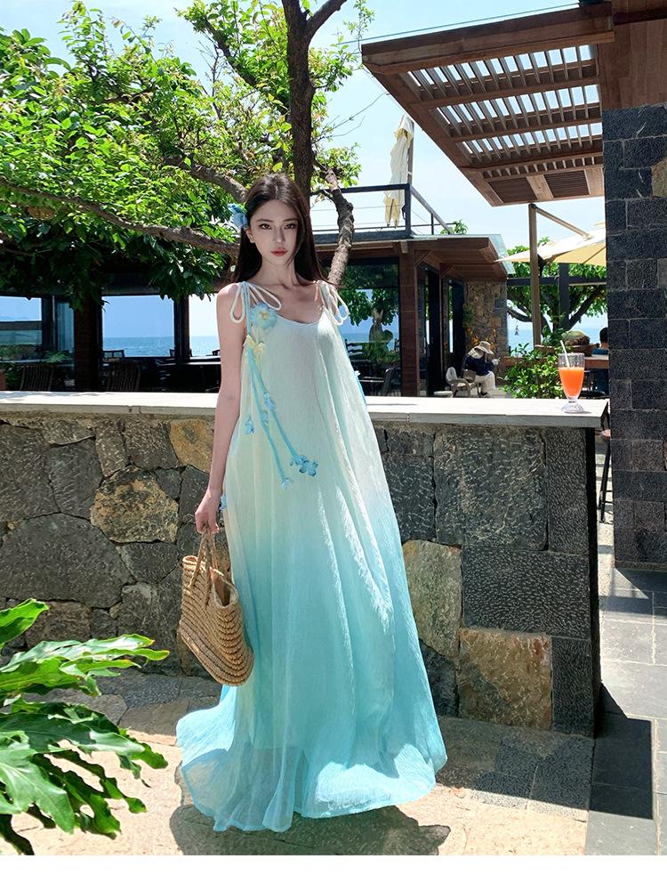 Blue mist weaving dream gradual change blue holiday wind fairy gas heavy industry skirt three-dimensional flower suspender temperament French loose d