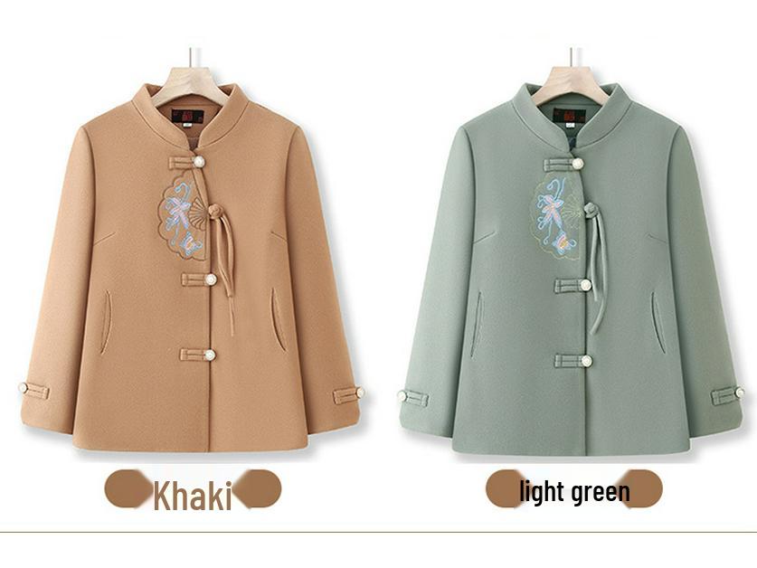 Elegant Embroidered Woolen Coat for Middle-Aged & Elderly Women – Spring & Autumn Fashion