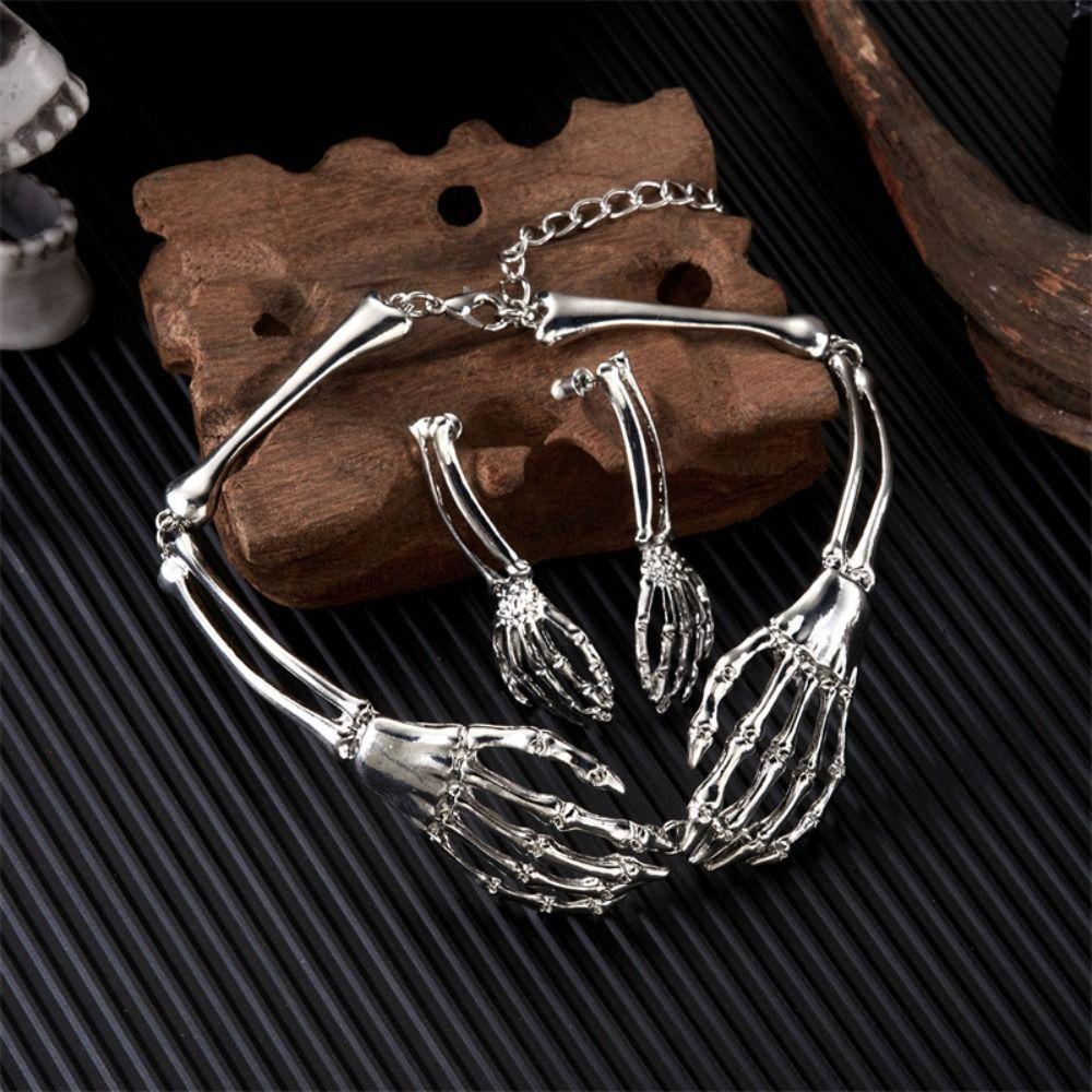 Hip Hop Chains Choker Earrings Set Halloween Punk Necklace Earring Skeleton Jewelry Suit Gift