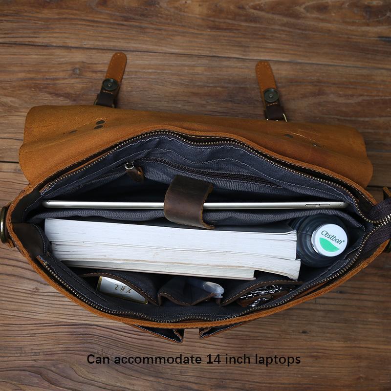 Retro Top Layer Leather Men's Handbag Crazy Horse Leather Casual Shoulder Messenger Bag with Horizontal Compartment for Men