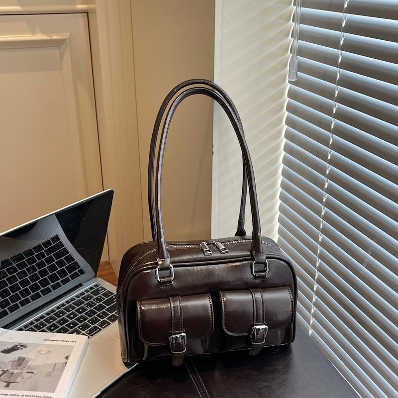 

2025 Winter Retro PU Leather Double Pockets Underarm Bags For Women Y2K New Korean Fashion Female Shoulder Bag Stylish Handbags