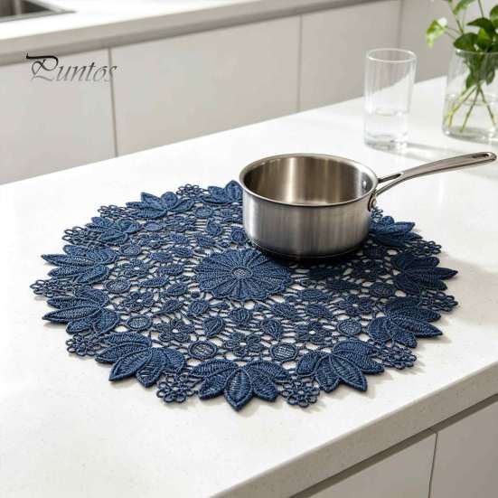 Tappetini Protettivi per Tavolo, Centrotavola Rotondo in Pizzo, Sottopiatto Floreale Blu Scuro, Tappetino in Tessuto Ricamato per Tavola, Resistente al Calore per Decorazione della Casa