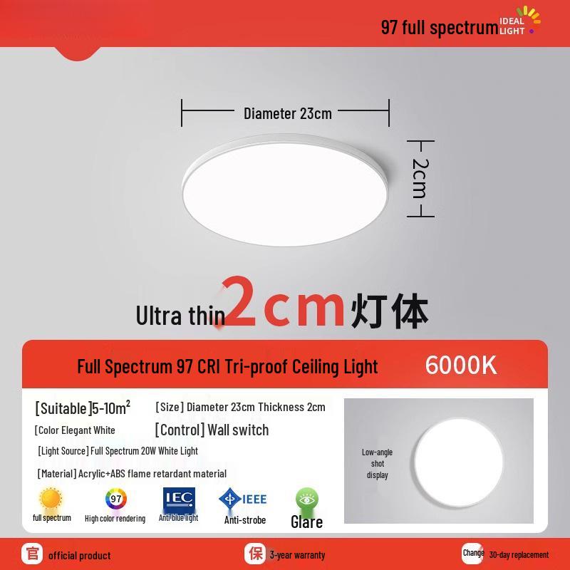 Ultra-Thin Round LED Ceiling Light for Bedroom, Bathroom & Balcony - Modern Minimalist Design with Eye Protection