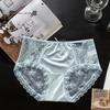 Female Summer Sexy Lace Hollow Satin Antibacterial Comfortable Breathable Hip Mid Waist Triangle Briefs