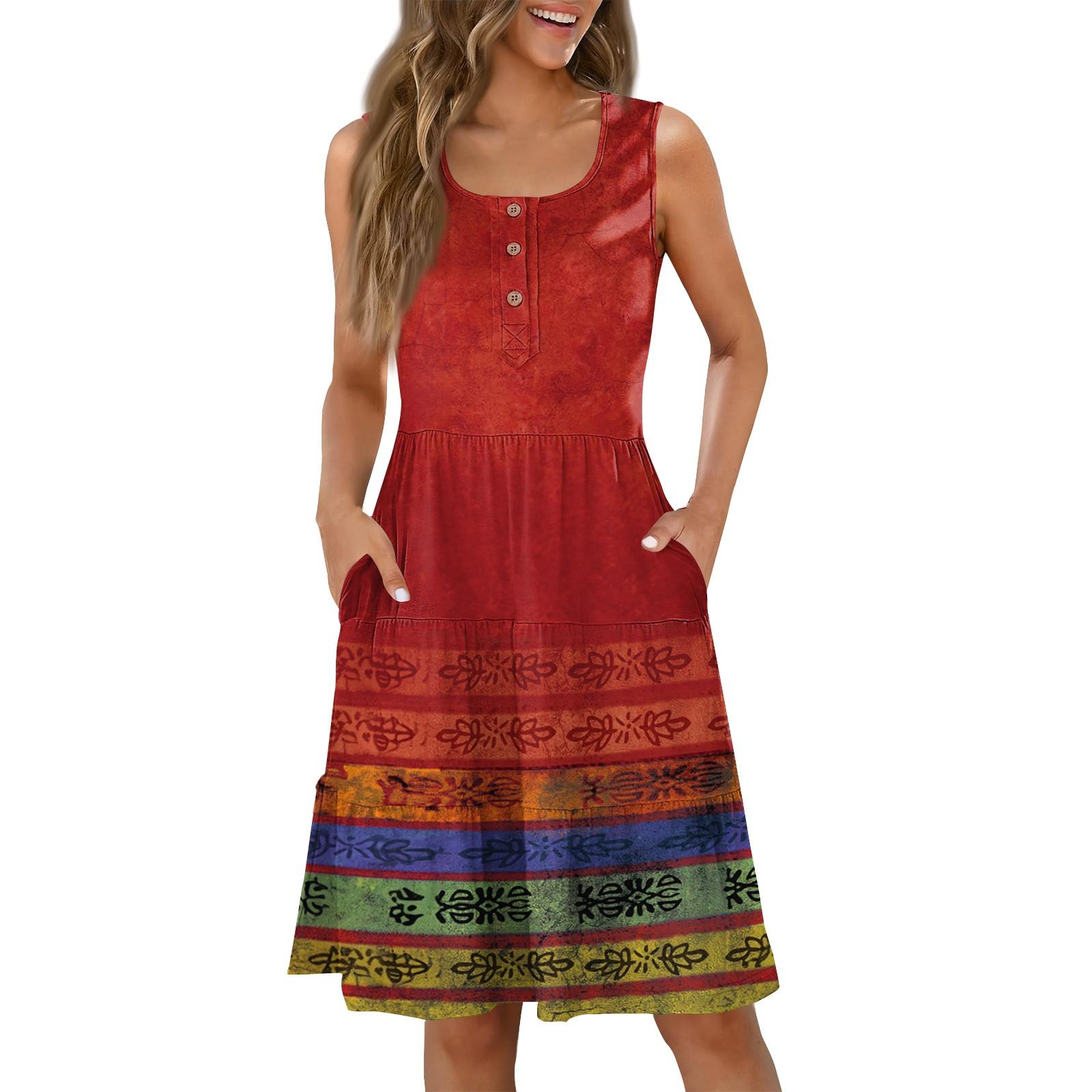 

Women s Summer Button Round Neck Sleeveless Striped Printed Casual Dresses S червоний
