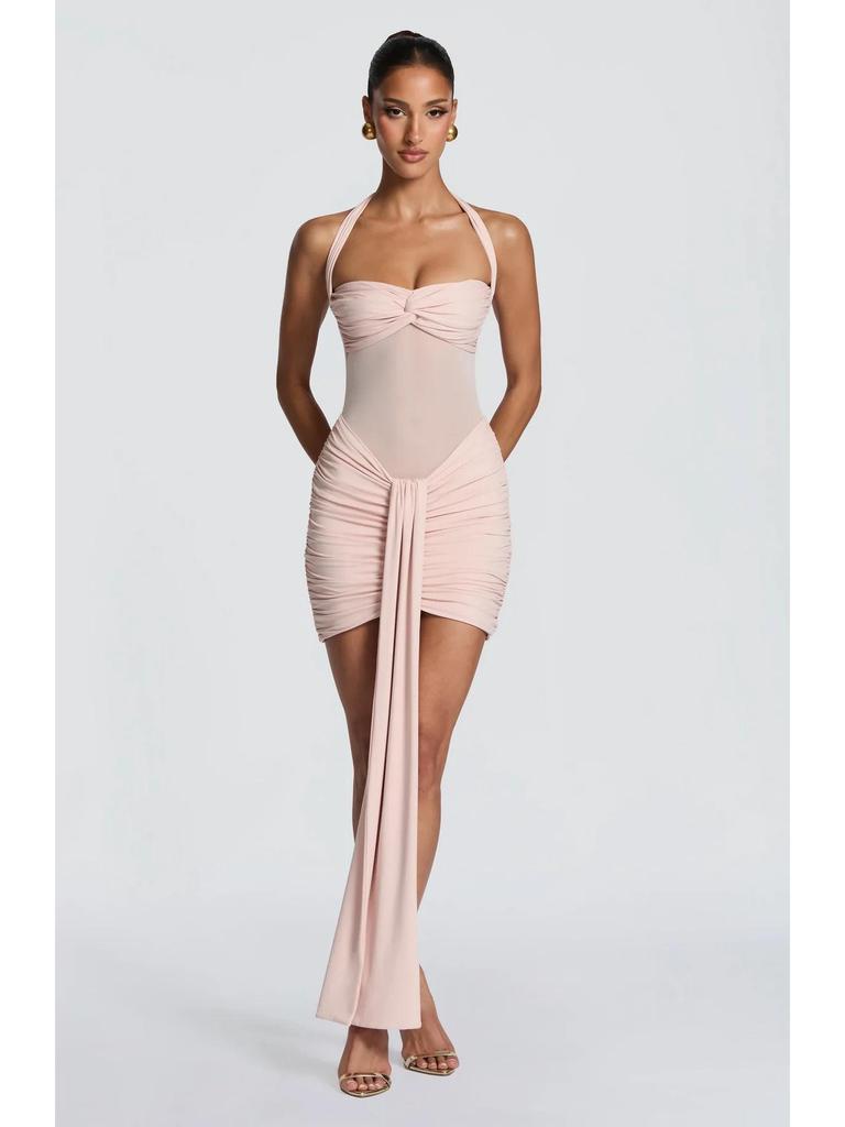 European & American Style Lace-Up Mesh Halter Patchwork Ribbon Bodycon Dress (2026 Summer Collection)