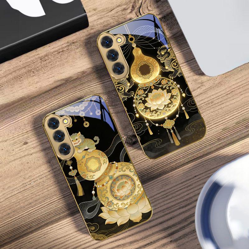 Golden Lion Calabash For Samsung Galaxy S26 S20 FE S21 S22 S23 Plus S24 Ultra 25Ultra S21+ S9 S22 S8 Golden Glass Phone Case