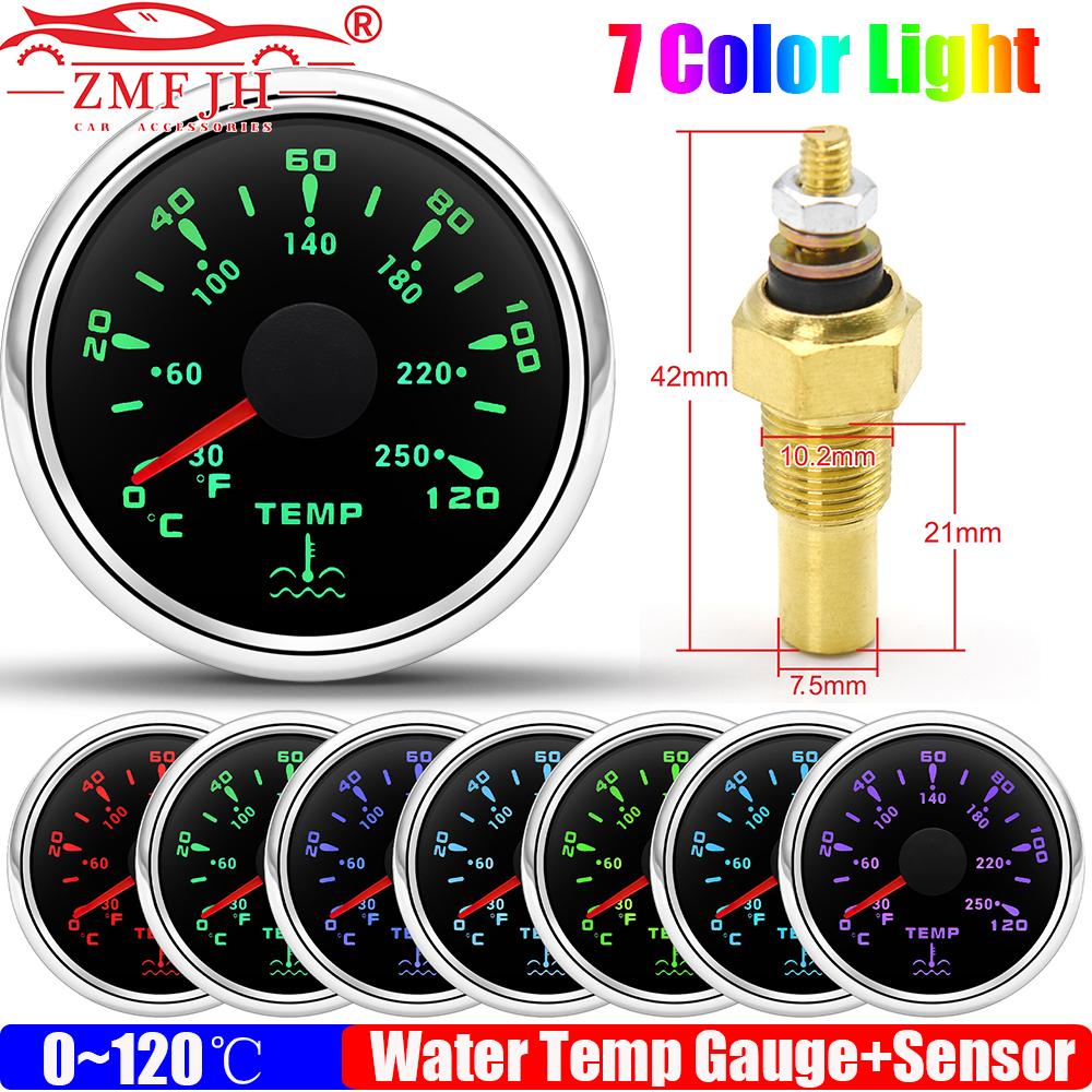 0~120℃,30~250℉ 52MM Water Temperature Gauge+Water Temp Sensor 10.2MM,12MM,16MM,17MM,21MM 7 Color Light for Boat Yacht Car 12V24V