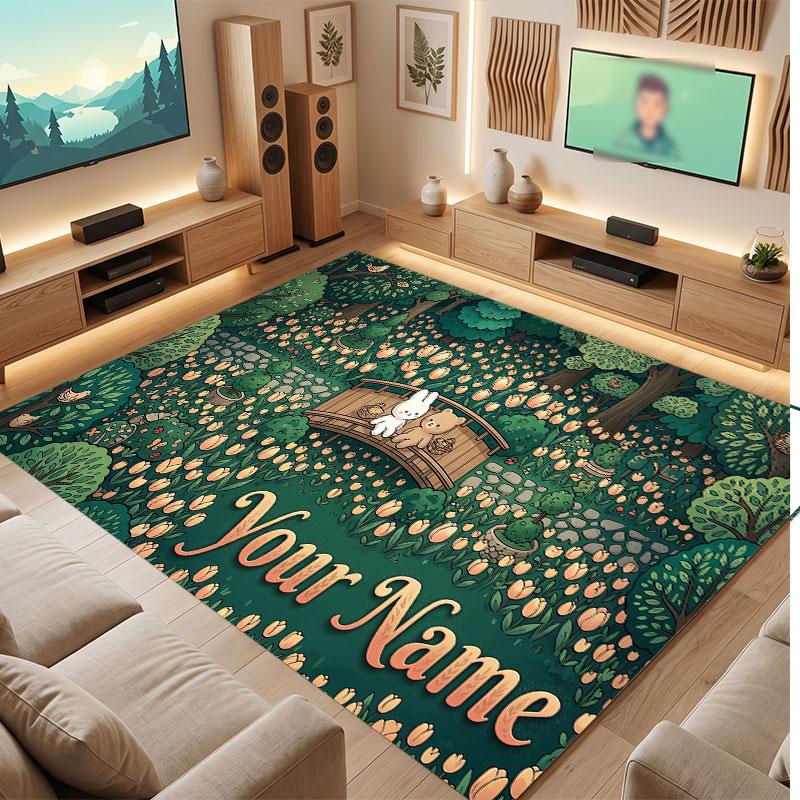 Mushroom Forest Theme Crystal Velvet Floor Rug Personalized Custom Name Text Warm Carpet Home Decoration