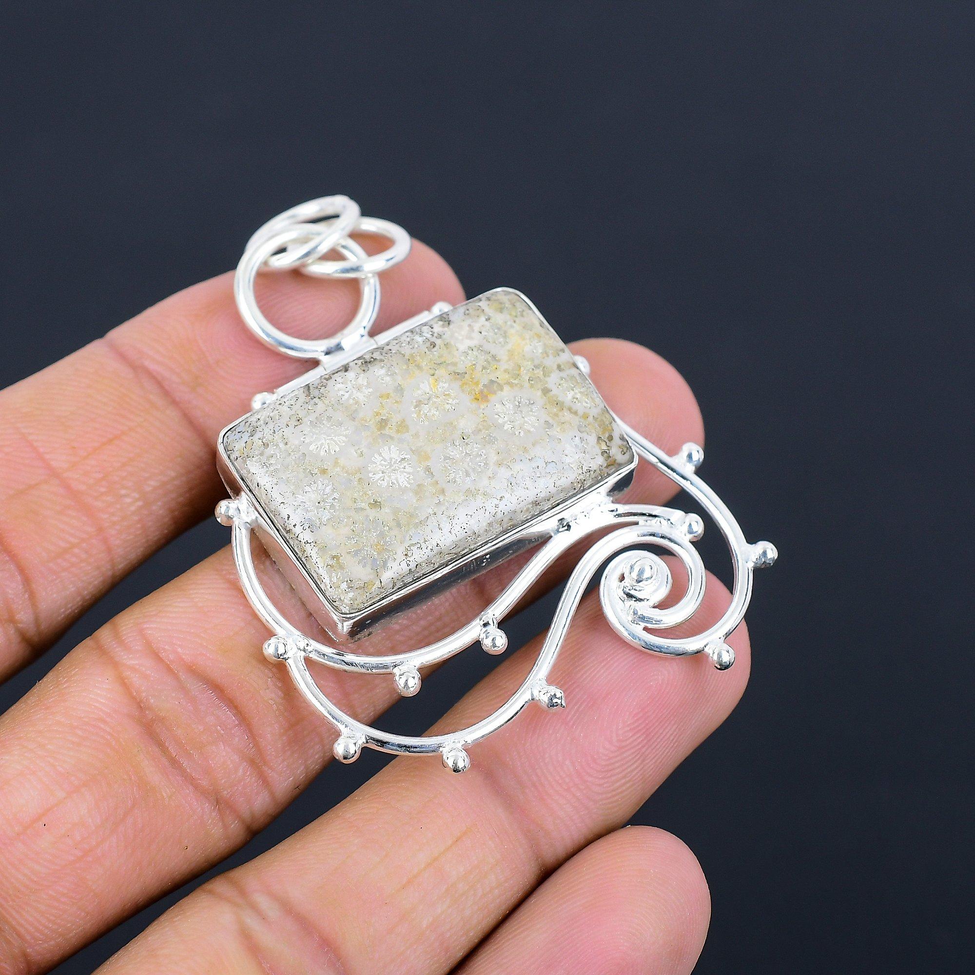 

Натуральный Ископаемый Коралл Драгоценный Камень Подвеска 925 Стерлинговое Серебро Индийские Украшения