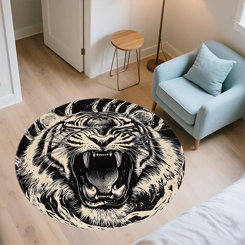 Black and White Tiger,Round Area Rug,Carpet Rug for Living Room Bedroom Sofa Playroom Decor,Non-slip Floor Mat