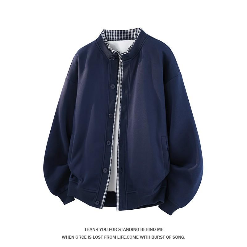 Mens Oversized Plaid Fake Two-Piece Hoodless Cardigan Jacket Fall Casual Outerwear