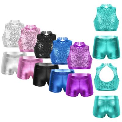 Kids Girl Shiny Sleeveless Crop Top with Shorts Set for Swimwear or Gymnastics Dancing Sports