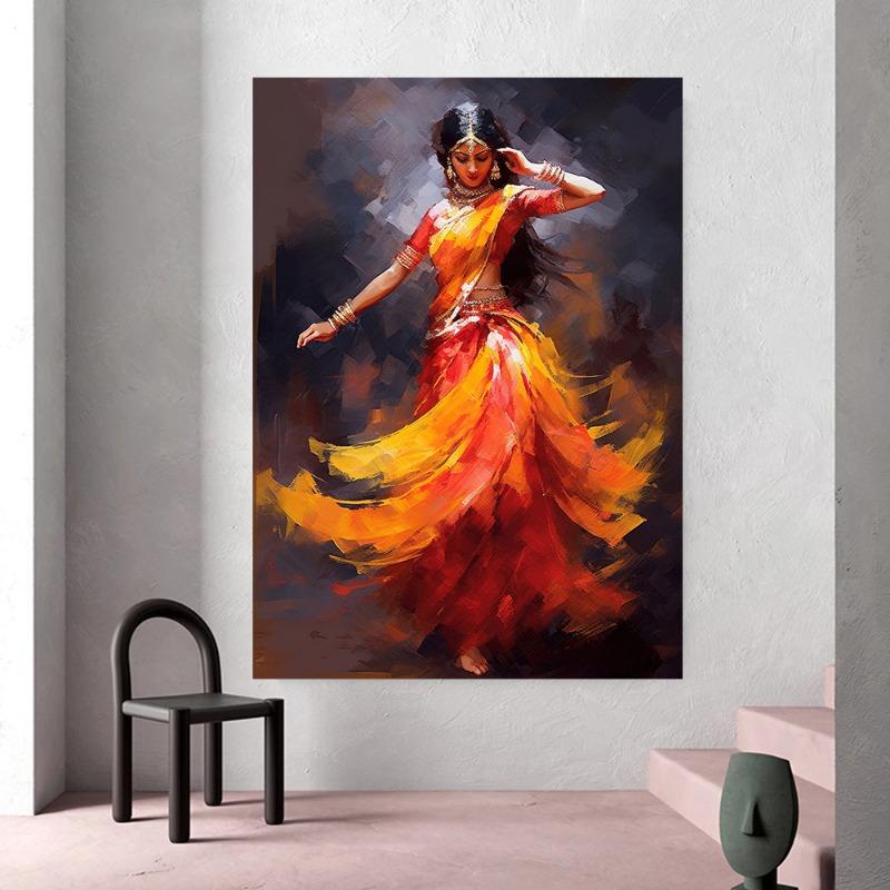 Vintage Traditional Indian Woman Folk Dance Poster Beautiful Indian Woman Art Canvas Painting Wall Print Picture Room Home Decor