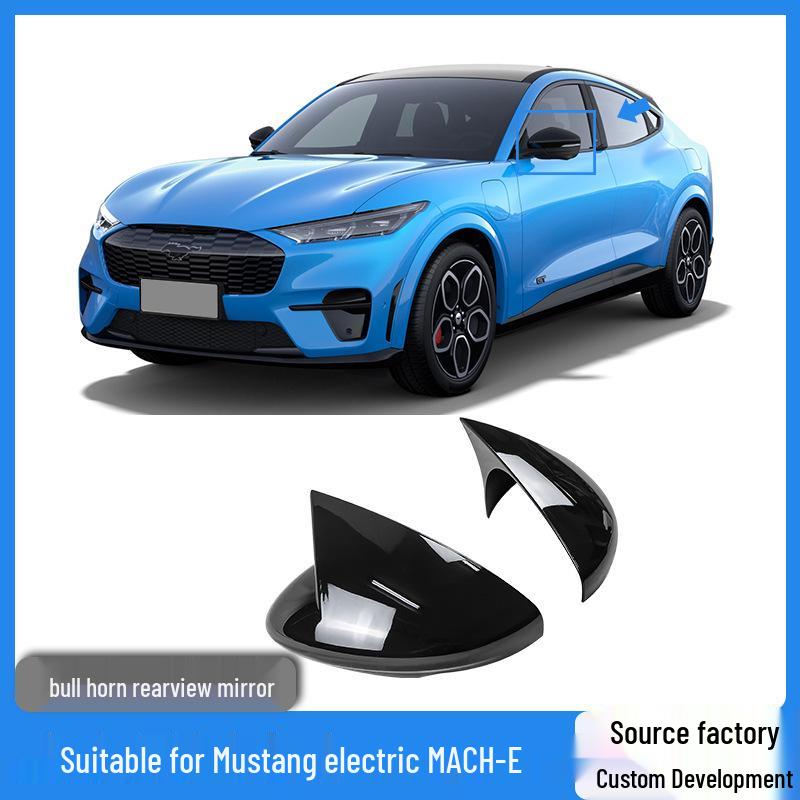 Rearview Mirror Cover for Ford Mustang Mach-E: Electric Horse Horn Design Adhesive Version Gloss Black