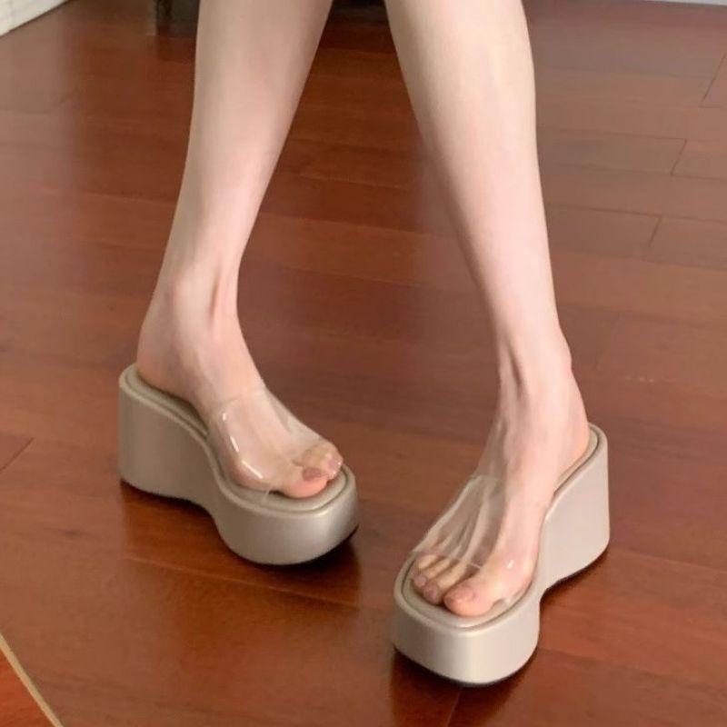 Thick Bottom Slope Heel Transparent Belt One-Word Slippers Outer Wear Summer Fashion Versatile Small Height Increase Sandals