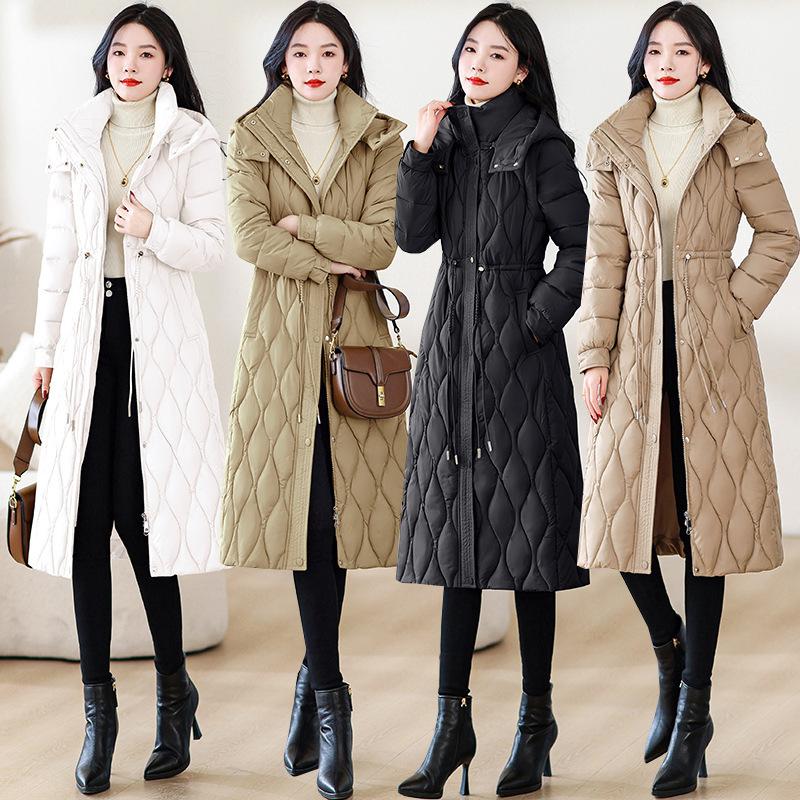 Women Hooded Quilted Long Puffer Coat Drawstring Waist Winter Jacket