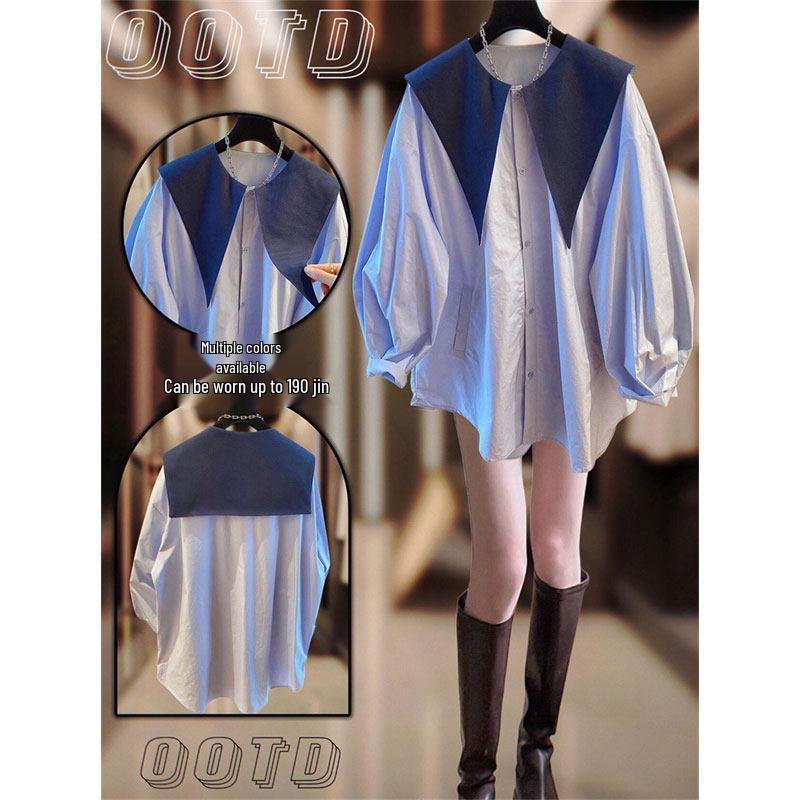 Spring 2026 Unique Patchwork Long Sleeve Slimming Lapel Shirt for Women 2XL