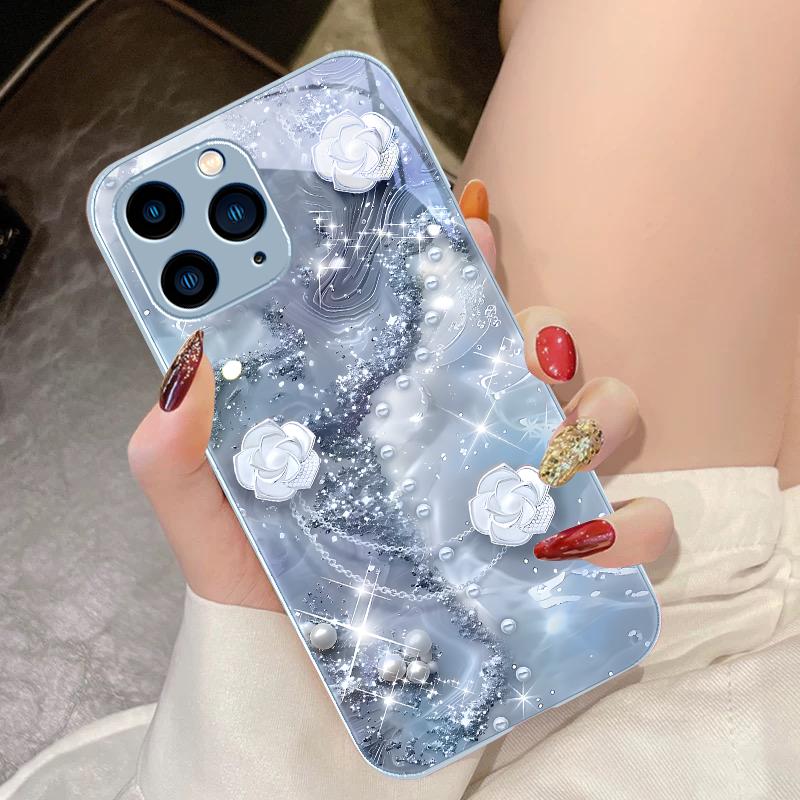 Colorful Pearl Flowers Rose Purple For IPhone 15 Pro 14 13 12 Mini 11 XS Max XR 7 8 Plu SE 2020 2022 Tempered Glass Phone Case