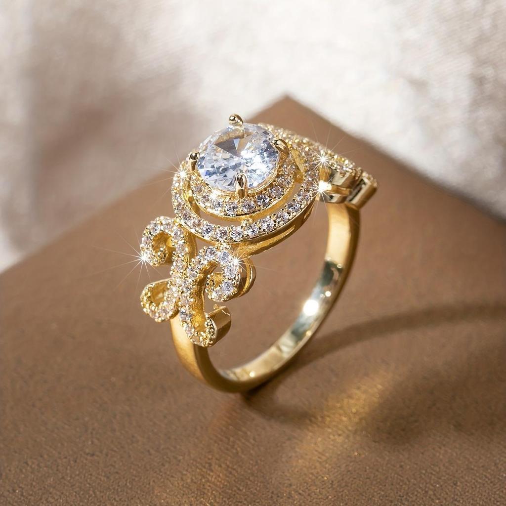 Fashionable and Luxurious Women's Wedding Ring with Sparkling Synthetic Zircon Pattern Inlaid