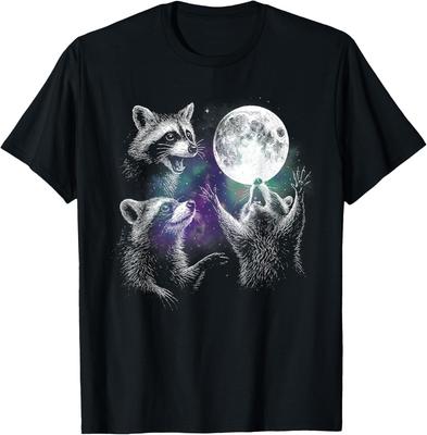 Three Raccoons Howling At Moon Galaxy Graphic Tee Soft Cotton Casual Round Neck T-Shirt