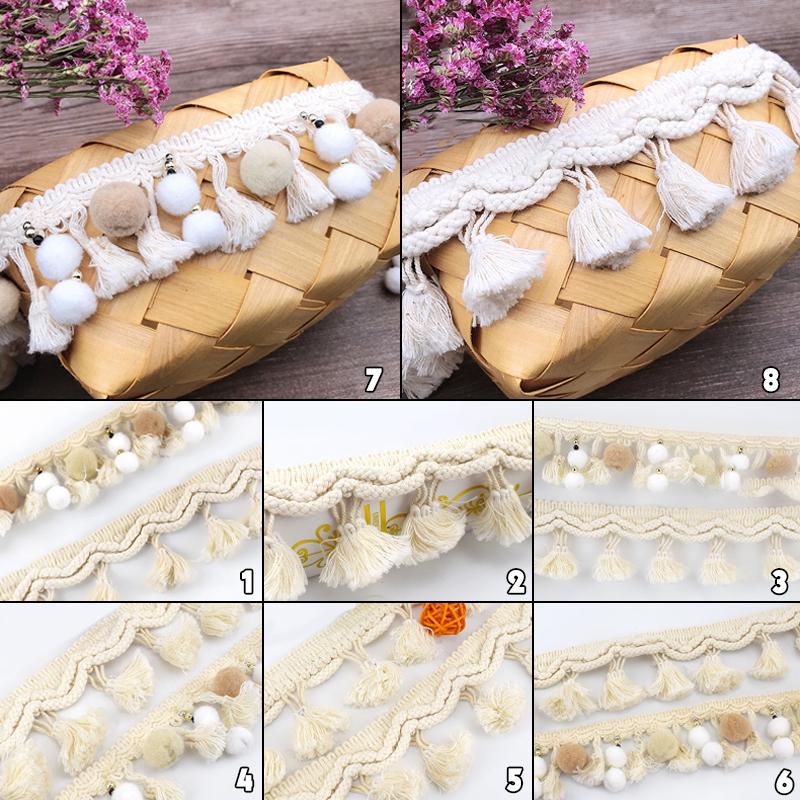 1 Yard White Cotton Tassel Lace Trim Webbing Fabric Handmade Beaded Ball Diy Curtain Clothing Sewing Craft Accessory